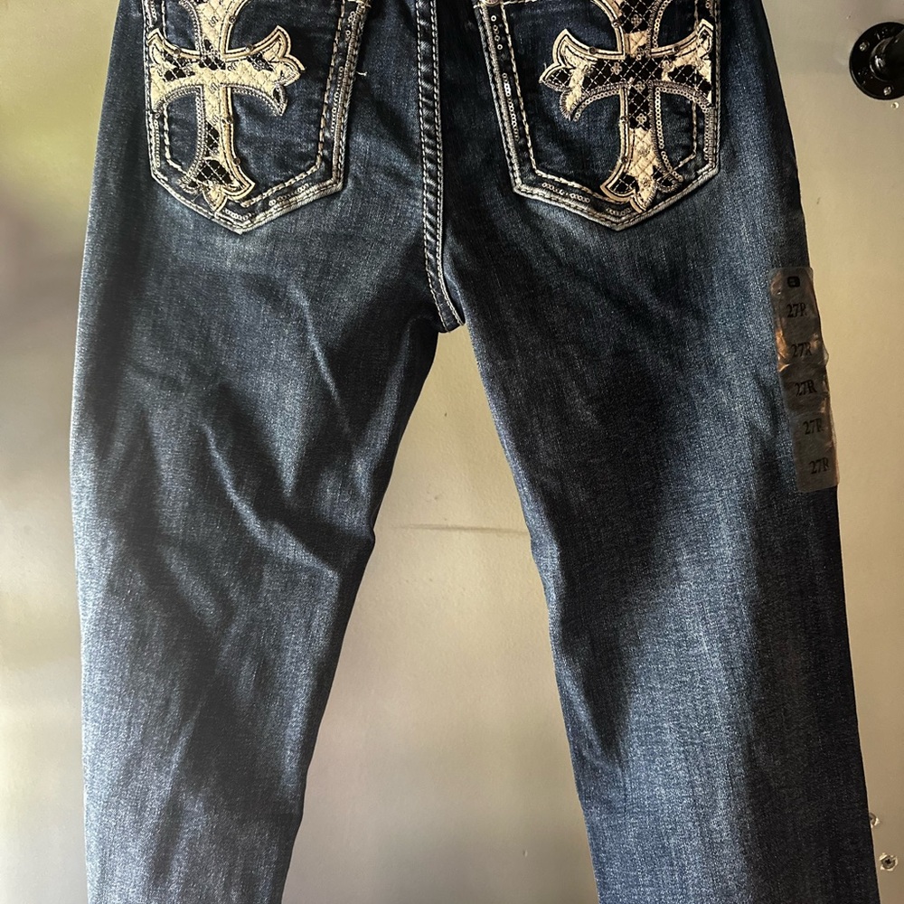 Miss Me Dark Blue Straight Jeans with Cross Embroidery
